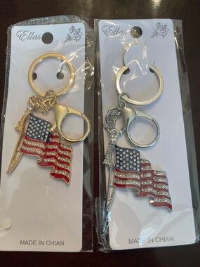 American Flag Keychain purse charm rhinestones, choose gold or silver tone nwt